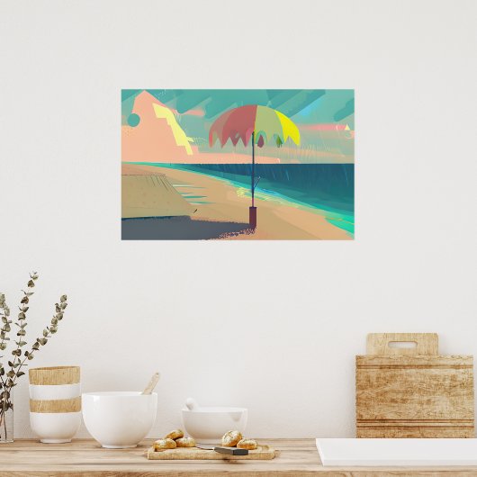 Blauwgroen en perzik strand, berg en paraplu poster (Keuken)