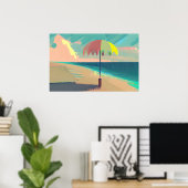 Blauwgroen en perzik strand, berg en paraplu poster (Thuiskantoor)