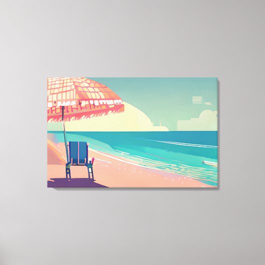 Blauwgroen en Perzik Strand Blauw Water Stoel en P Canvas Afdruk (Voorkant)