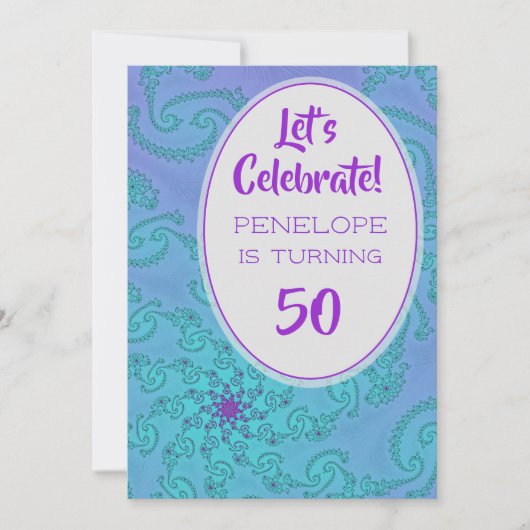 Blauwgroen en Plum Fractal Floral Pattern 50th Bir Kaart (Voorkant)