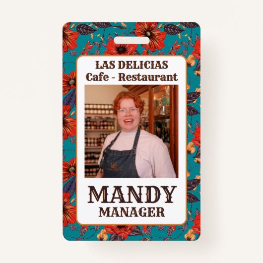 Blauwgroen en Red Floral Local Cafe Restaurant Badge (Voorkant)