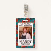 Blauwgroen en Red Floral Local Cafe Restaurant Badge (Voorkant met clip)