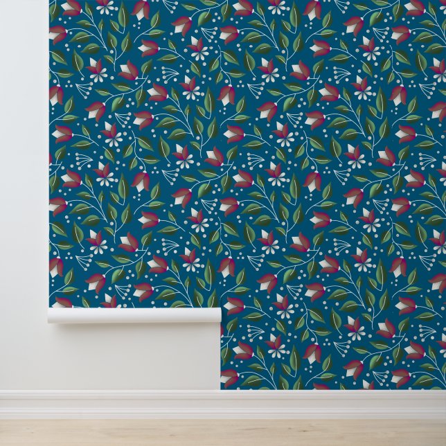 Blauwgroen en rode bloemen behang (Applicatie)