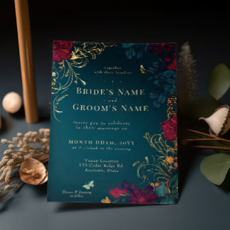 Blauwgroen en rode juwelton Floral Folie Uitnodiging