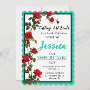 Blauwgroen en rode rozen Sugar Skull Invitation Kaart