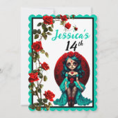 Blauwgroen en rode rozen Sugar Skulls Invitation Kaart (Achterkant)