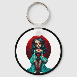 Blauwgroen en rode rozen Sugar Skulls Sleutelhanger