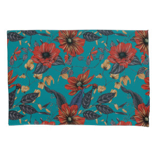 Blauwgroen en rood bloemmotief kussensloop