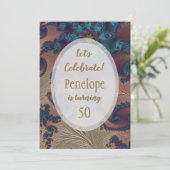 Blauwgroen en Roos Gold Feathery Fractal 50th Birt Kaart (Staand voorkant)