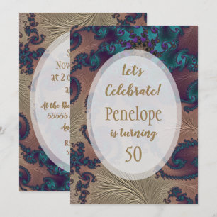 Blauwgroen en Roos Gold Feathery Fractal 50th Birt Kaart