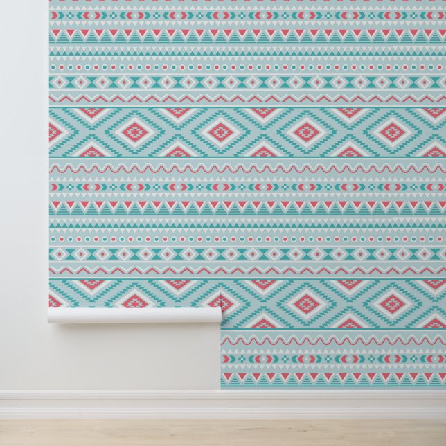 Blauwgroen en roze Aztec - tribaal patroon Behang (Applicatie)