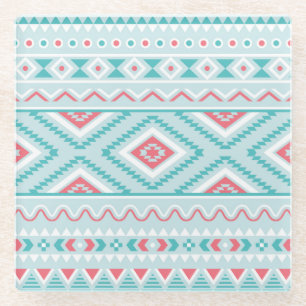 Blauwgroen en roze Aztec - tribaal patroon Glazen Onderzetter