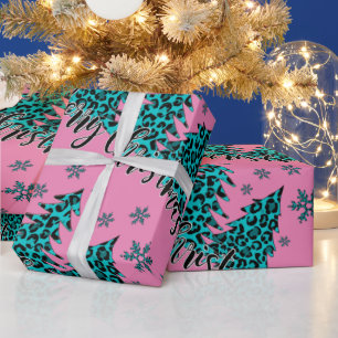 Blauwgroen en roze Cheetah-kerstbomen afdrukken  Cadeaupapier