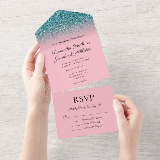 Blauwgroen en roze ombre Glitter Wedding All In One Uitnodiging (Afscheurbaar)