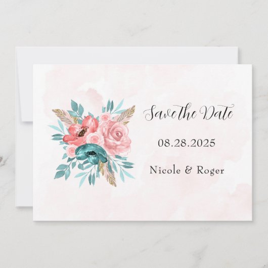 Blauwgroen en roze pioenbloemen Bewaar de datumkaa Kaart (Voorkant)