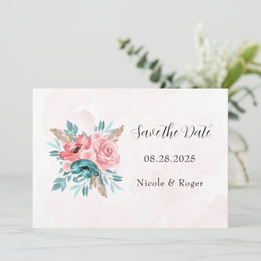 Blauwgroen en roze pioenbloemen Bewaar de datumkaa Kaart (Staand voorkant)