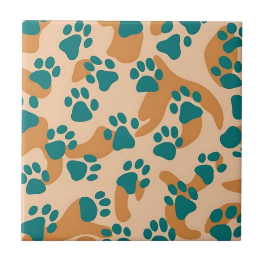 Blauwgroen en Tan Paw Print Pattern Tegel Tegeltje (Voorkant)