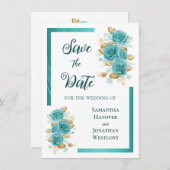 Blauwgroen en Turquoise Roos Elegant Save the Date (Voorkant / Achterkant)