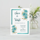 Blauwgroen en Turquoise Roos Elegant Save the Date (Staand voorkant)