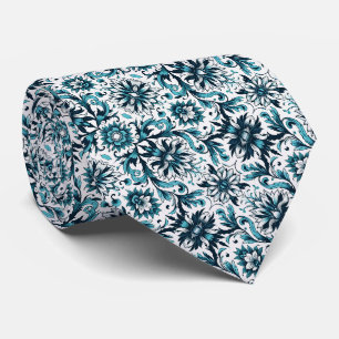 Blauwgroen en wit Floral Patroon Stropdas