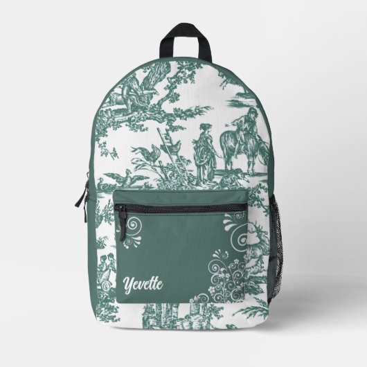Blauwgroen en wit Frans Toile Pattern Gepersonalis Bedrukte Rugzak (Voorkant)