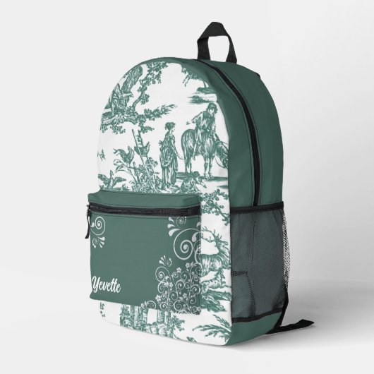 Blauwgroen en wit Frans Toile Pattern Gepersonalis Bedrukte Rugzak (Achterkant Hoek Rechts)