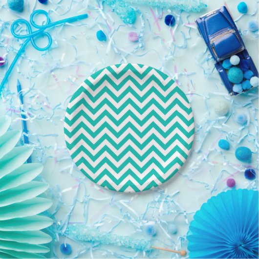 Blauwgroen en wit groots Chevron ZigZag Pattern Papieren Bordje (Feest)