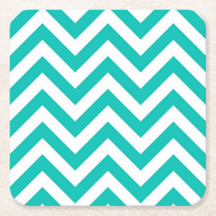 Blauwgroen en wit groots Chevron ZigZag Pattern Vierkante Kartonnen Onderzetter
