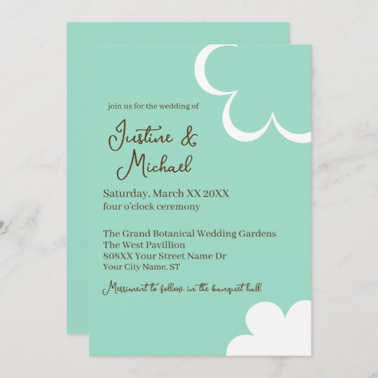 Blauwgroen en wit Retro Flowers Bruiloft Kaart (Voorkant / Achterkant)