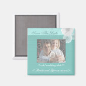 Blauwgroen en witte bloemenkorf Bewaar de datum Fo Magneet (Voorkant / Achterkant)