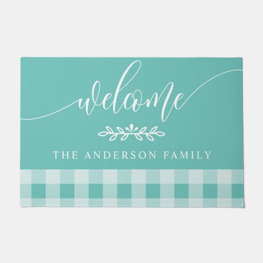 Blauwgroen en witte buffelcheque Welkom personalis Deurmat (Voorkant)