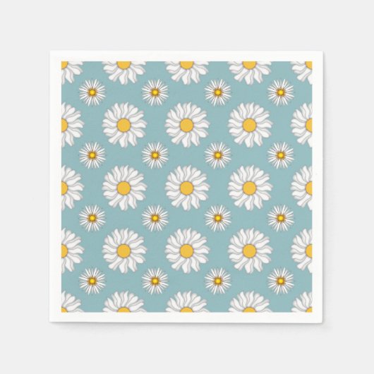 Blauwgroen en Witte Daisy Bloempatroon Papieren se Servetten (Voorkant)