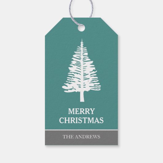 Blauwgroen en witte dennenboom kerst cadeaulabel (Achterkant)