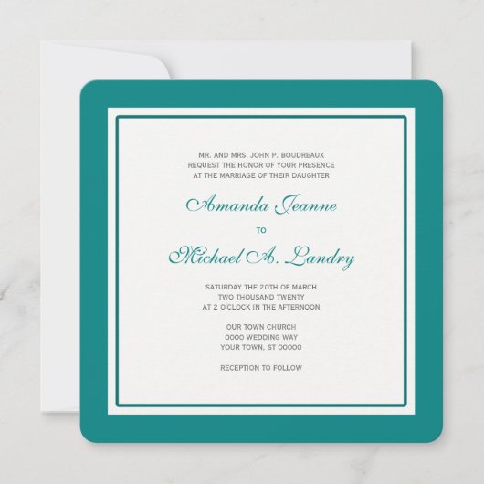 Blauwgroen en Witte Fleur de Lis Damask Formal Wed Kaart (Voorkant)