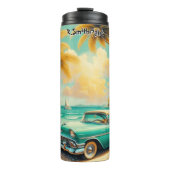 Blauwgroen en witte klassieke auto op een tropisch thermosbeker (Voorkant)