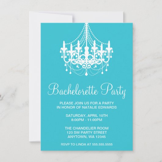 Blauwgroen en witte kroonluchter vrijgezellenfeest kaart (Voorkant)