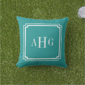 Blauwgroen en witte Notched Corner Custom Monogram Buitenkussen (Gras)