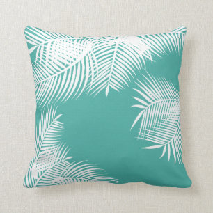 Blauwgroen en Witte Palmbladen Kussen