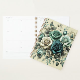 Blauwgroen en witte rozen planner