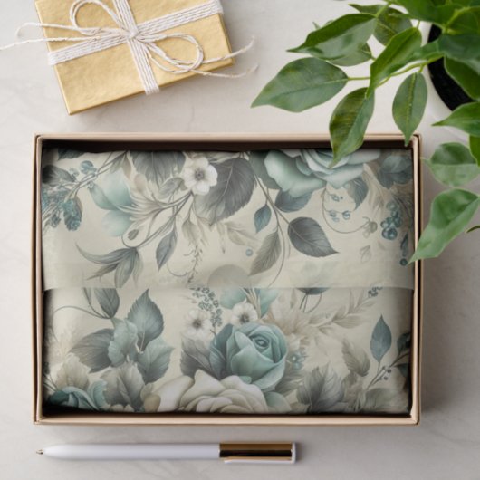 Blauwgroen en witte rozen tissuepapier (Geschenk)