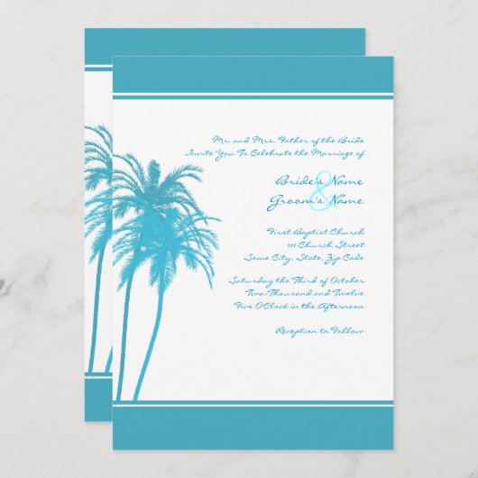 Blauwgroen en witte uitnodiging voor tropische pal (Voorkant / Achterkant)