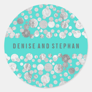 Blauwgroen en Zilver Confetti Bruiloft Ronde Sticker