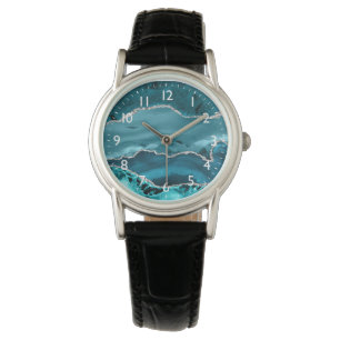 Blauwgroen en zilver Faux Glitter Marble Agate Horloge