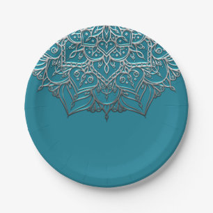Blauwgroen en zilver Mandala Elegant Minimal Weddi Papieren Bordje