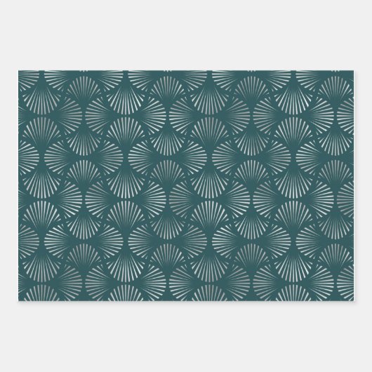 Blauwgroen en zilverkunst Deco Fan Pattern Inpakpapier Vel (Voorkant)