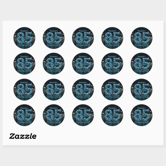 Blauwgroen en zwart 85ste verjaardagsfeest ronde sticker (Vel)