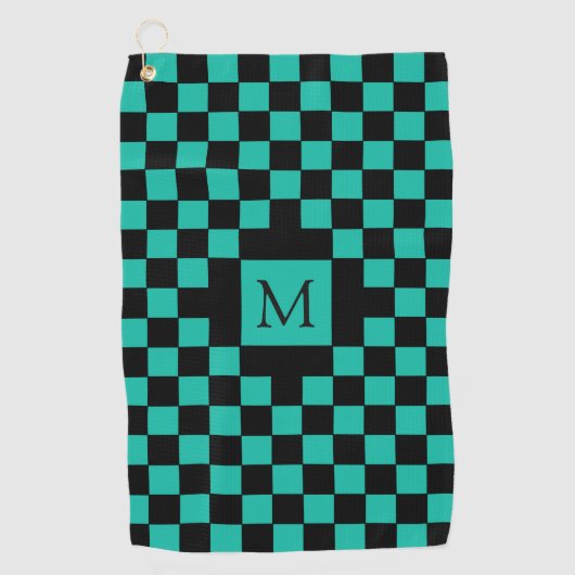 Blauwgroen en Zwart Checkerboard Patroon Monogram Golfhanddoek (Voorkant)