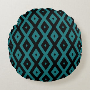 Blauwgroen en zwart diamantpatroon rond kussen