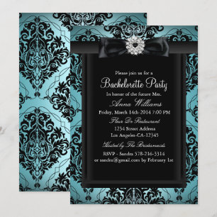 Blauwgroen en zwarte Damask Bachelorette Party Kaart