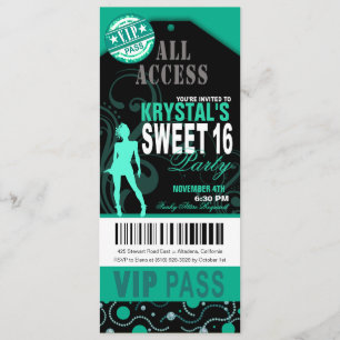 Blauwgroen en zwarte VIP Sweet 16 Ticket Party Kaart